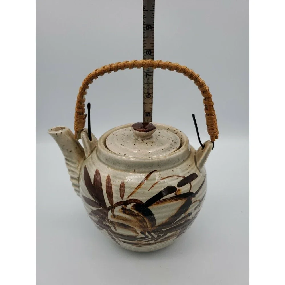 Vintage Japan Ceramic Stoneware Teapot with Wicker Bamboo Handle Asian